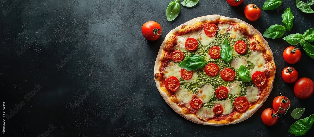 Leinwandbilder pizza featuring green pesto and fresh tomatoes on a dark background top view. with copy space image.