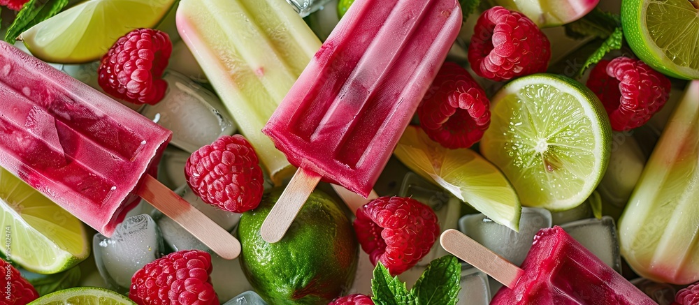 Poster refreshing mexican style ice pops raspberry lime honeydew margarita paletas popsicles overhead view 