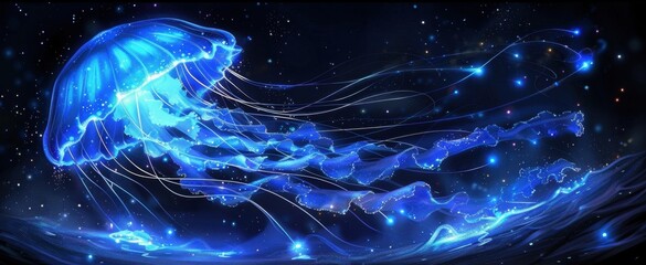Naklejka premium Stunning digital artwork of a luminescent jellyfish floating in a dark, starry underwater scene, exuding a glowing blue light.