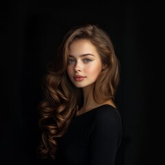 Fototapeta premium A beautiful young woman with long brown hair styled in elegant curls, wearing light makeup, poses for a close-up portrait against a black background.