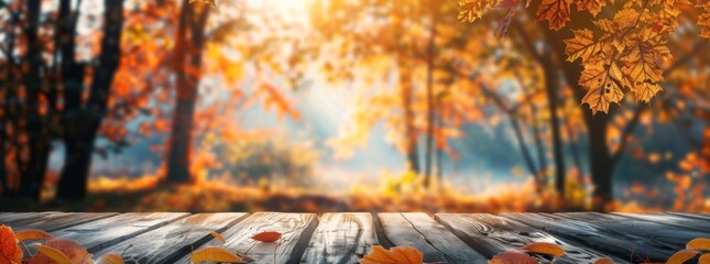 Autumn background with orange and yellow leaves on a wooden table against a blurred forest landscape at sunset. Abstract fall banner for product display and decoration in a natural style.