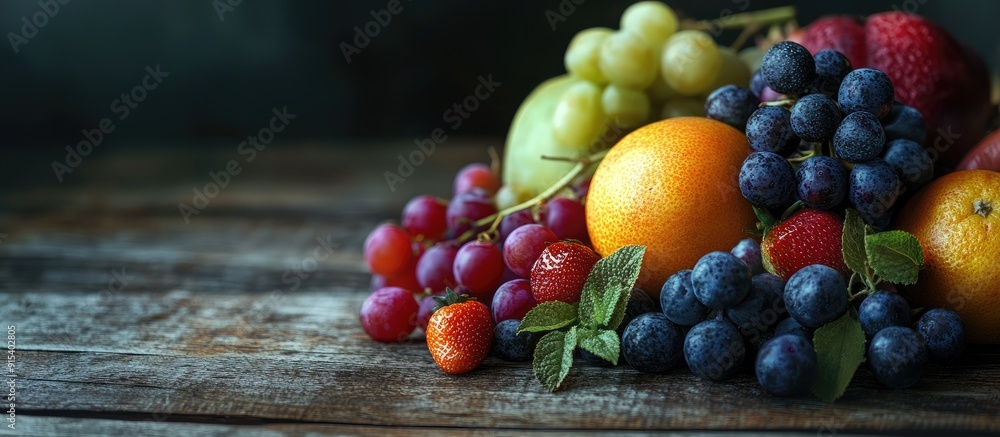 Aufkleber A range of fresh assorted fruits on a rustic wooden table Colorful assorted fruits create a healthy backdrop with a dark tone copy space and selective focus