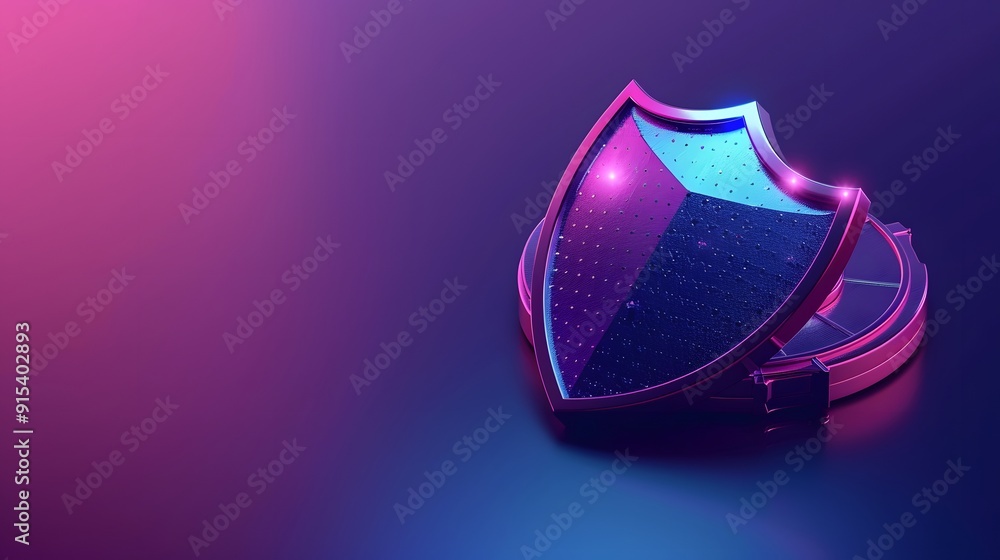 Poster futuristic shield symbolizing cybersecurity protection with neon lights in a dark backdrop, perfect 