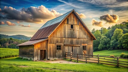 Obraz premium Rustic wooden barn house in a serene countryside setting, wooden, barn, house, structure, cozy, small, home, countryside