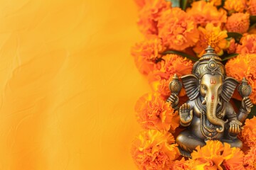 Orange background with Ganesha Chaturthi statue decorated with white flowers with copy space.