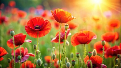 Obraz premium Closeup of red poppies blooming in a spring meadow against the sun, red, poppy, flowers, blooming, spring, meadow, magical