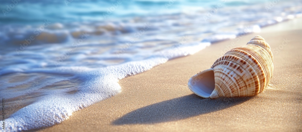 Aufkleber Shell on sandy beach near ocean waves. with copy space image. Place for adding text or design