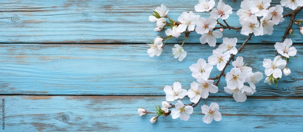 Poster Branch with cherry blossoms set against an aged blue wooden background. with copy space image. Place for adding text or design