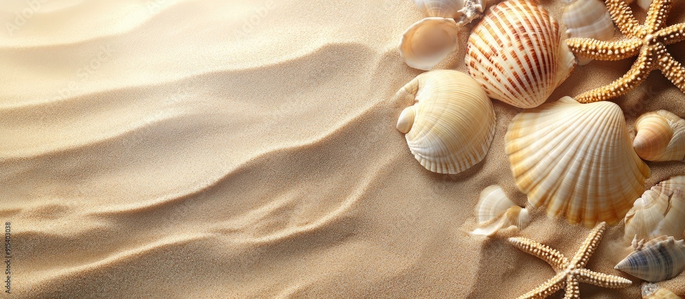 Aufkleber sea shells set against a sandy background with copy space