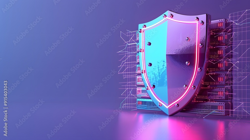 Poster futuristic shield with neon lights representing cybersecurity and data protection in a digital world