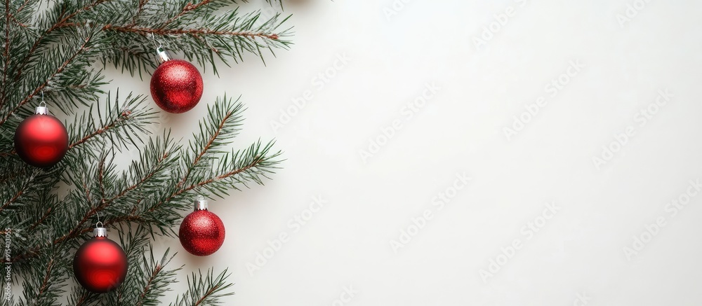 Poster minimal christmas arrangement fir tree branches with red christmas ornaments on a white background t