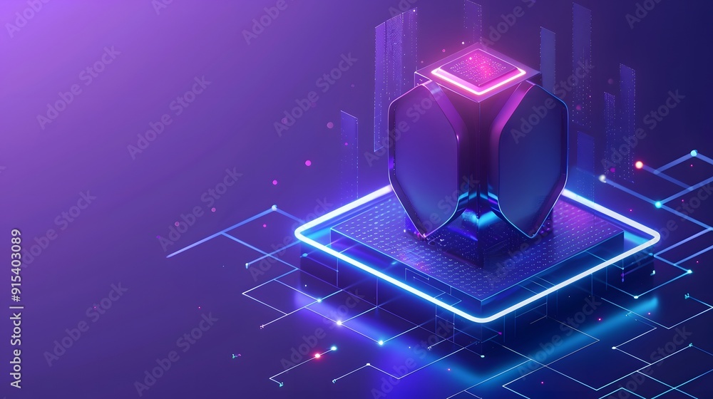 Poster futuristic technology concept with a glowing ai processor on a neon grid background, symbolizing dat