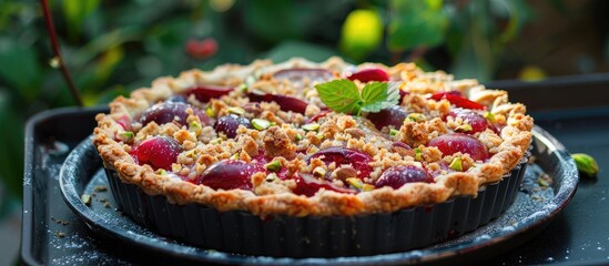 Close up of a homemade plum pie topped with pistachio crumble placed on a baking tray outside. with copy space image. Place for adding text or design