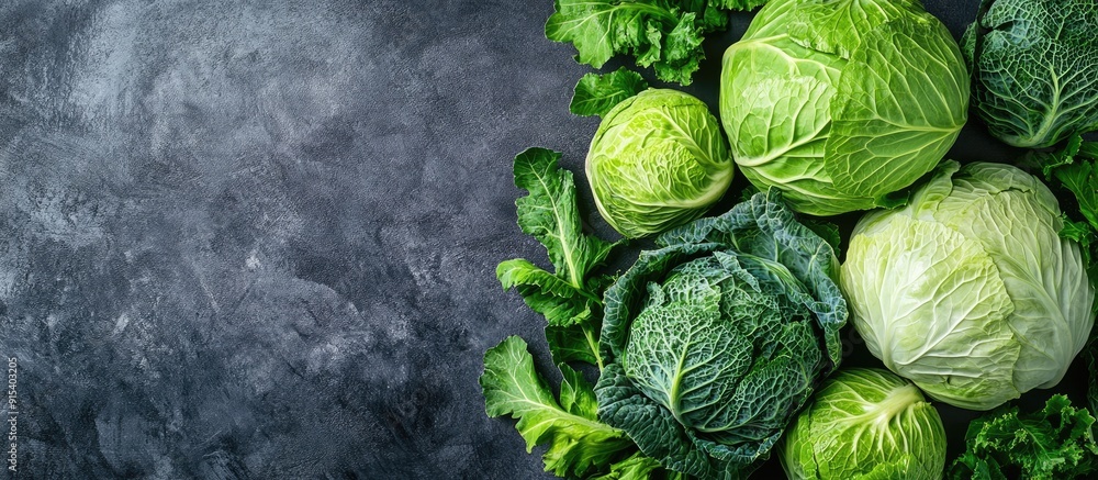 Fototapete various fresh cabbages on a table top view nutritious food. with copy space image. place for adding 