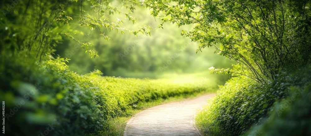 Fototapete Pathway among green branches with motion blur. with copy space image. Place for adding text or design