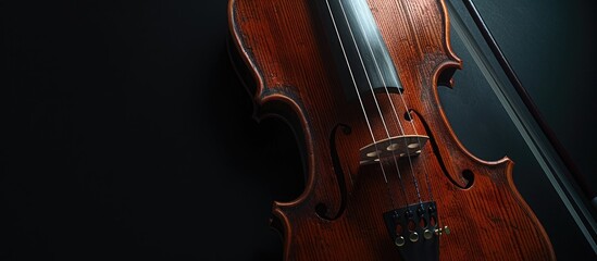 Fototapeta premium Partially lit upper section of a violin isolated against a black background Copy space