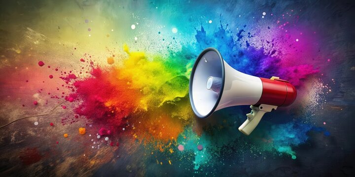 Megaphone on grungy color splash creative art background with copy space , megaphone, grungy, color splash