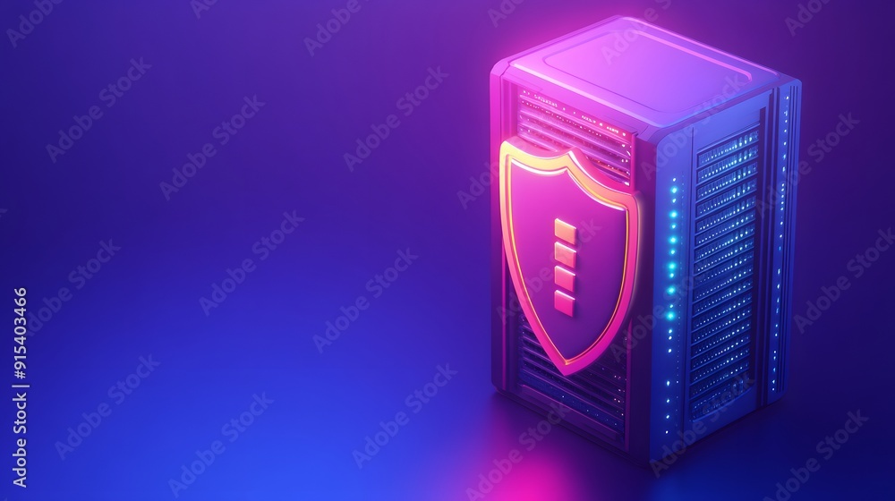 Poster glowing server with shielded protection represents cybersecurity and data storage in a modern digita