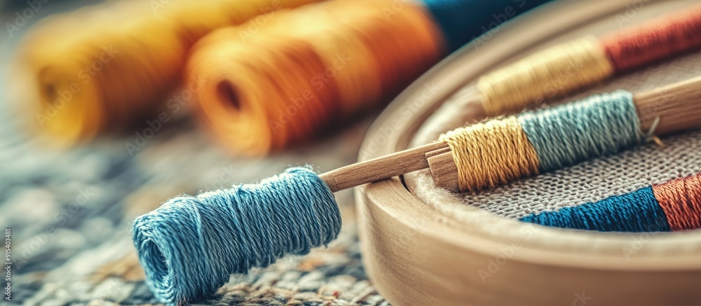 Poster Embroidery set featuring an embroidery hoop and embroidery thread with selective focus and a shallow depth of field. with copy space image. Place for adding text or design
