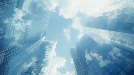 A clear blue sky with clouds and tall buildings in the background