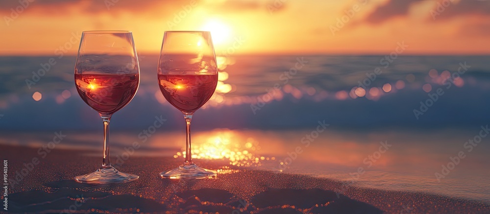 Poster Wine glasses at sunset on a beach Selective focus Nature. with copy space image. Place for adding text or design