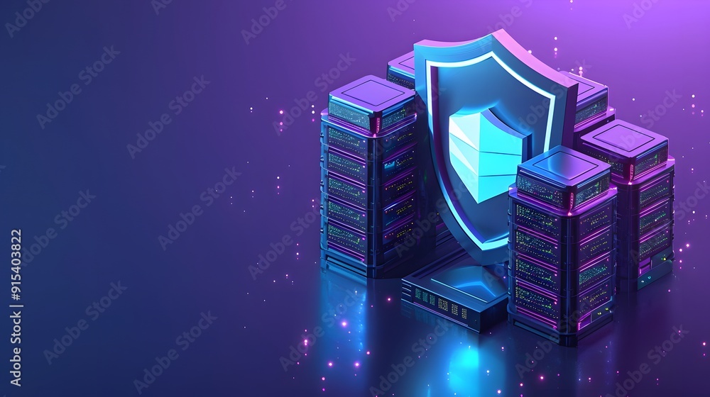 Poster graphic representation of cybersecurity with servers and a shield, highlighting data protection and 