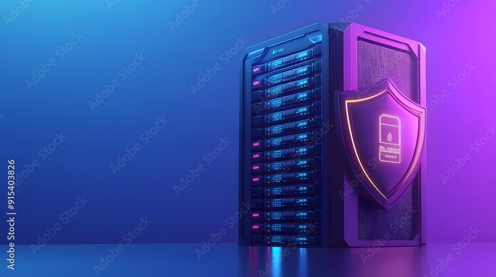 Poster high-tech data server with shield symbol representing security and protection in a futuristic digita