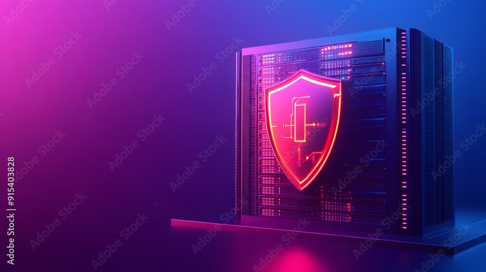 Poster high-tech digital security concept with neon shield icon on server, symbolizing data protection and 
