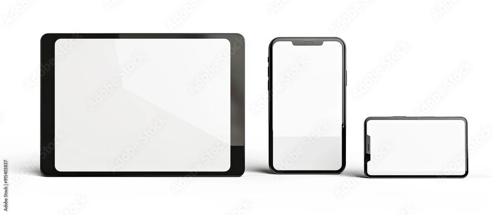 Poster arranged digital tablet and smartphone with empty screens isolated on white. with copy space image. Place for adding text or design