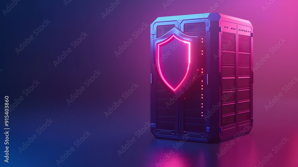 Poster High-tech server unit with illuminated shield emblem, representing data security and protection in a futuristic setting.