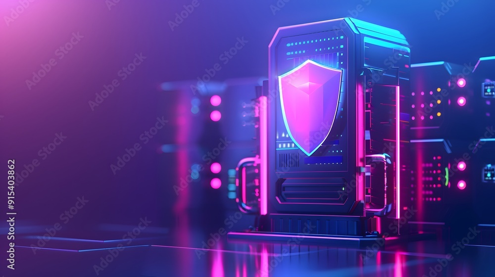 Poster high-tech server with digital shield icon, representing cybersecurity and data protection in a futur