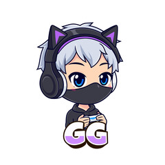 Chibi ninja gamer boy cartoon character mascot logo vector