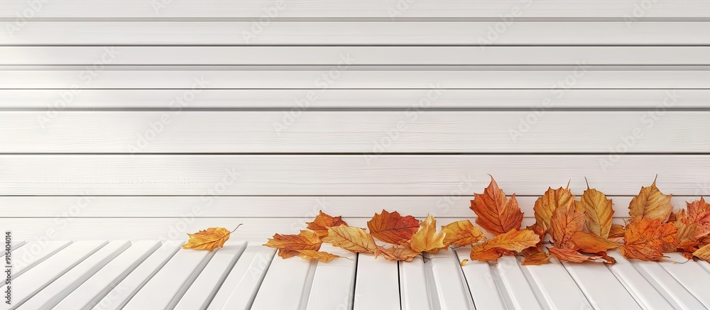 Aufkleber fallen autumn leaves rest on a white bench autumn theme. with copy space image. place for adding tex