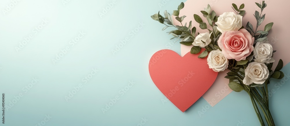 Poster valentine s day heart shaped paper card and a bouquet of flowers. with copy space image. place for a