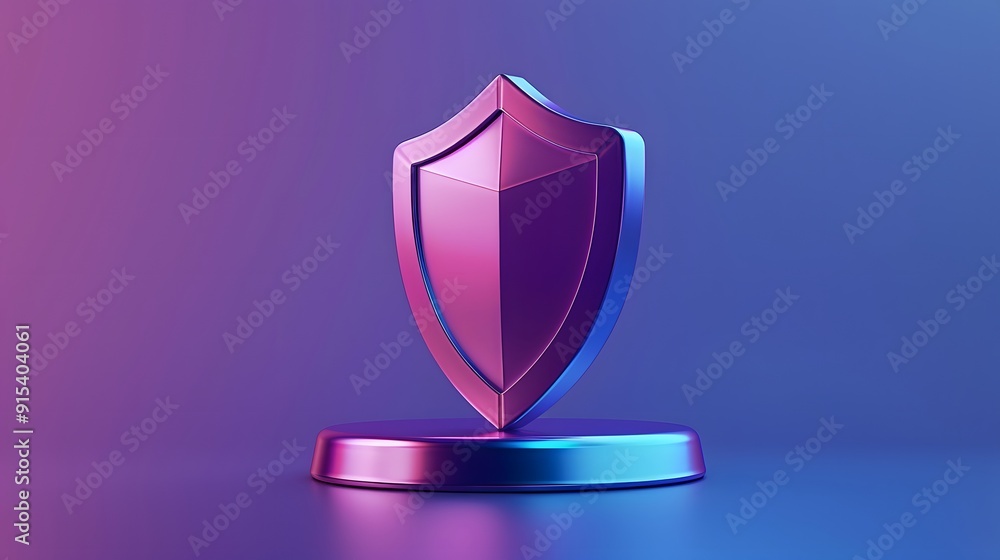 Poster metallic shield on a stand with a gradient purple and blue background. symbolizes security and prote