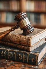 Gavel Resting on Stack of Vintage Books