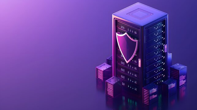 Illustration of a secure server with a glowing shield, representing data protection and cybersecurity in a futuristic, purple-toned design.