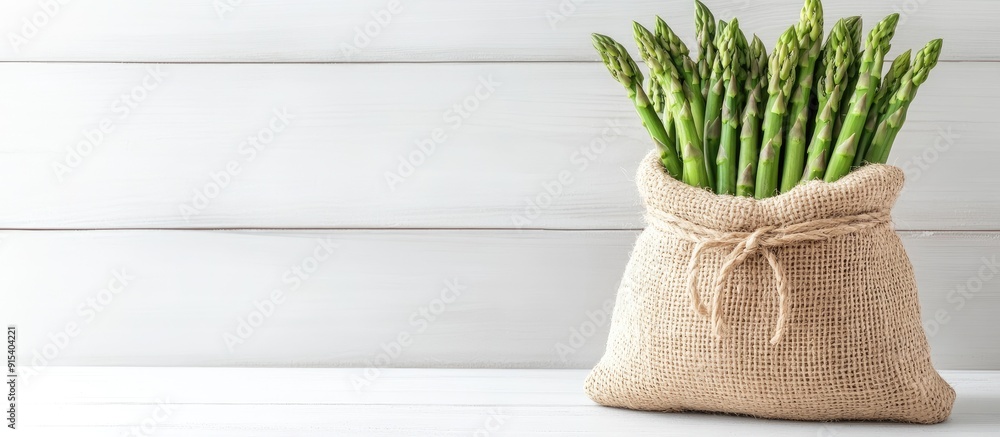 Poster green asparagus in a jute bag on a white wooden table. with copy space image. place for adding text 