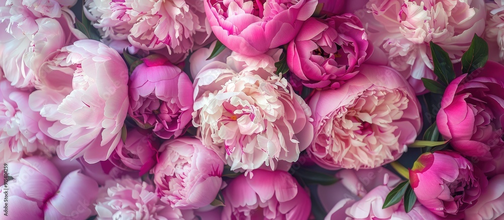 Poster pink peony blossoms. with copy space image. Place for adding text or design