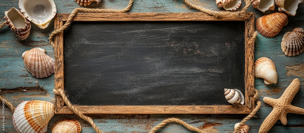 Poster Sea travel frame decoration featuring seashells and rope on a wooden background with a blackboard. with copy space image. Place for adding text or design