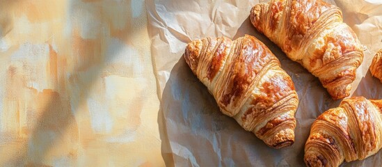 Freshly baked French croissants glistening in the sunlight on craft paper with copy space Puff pastry