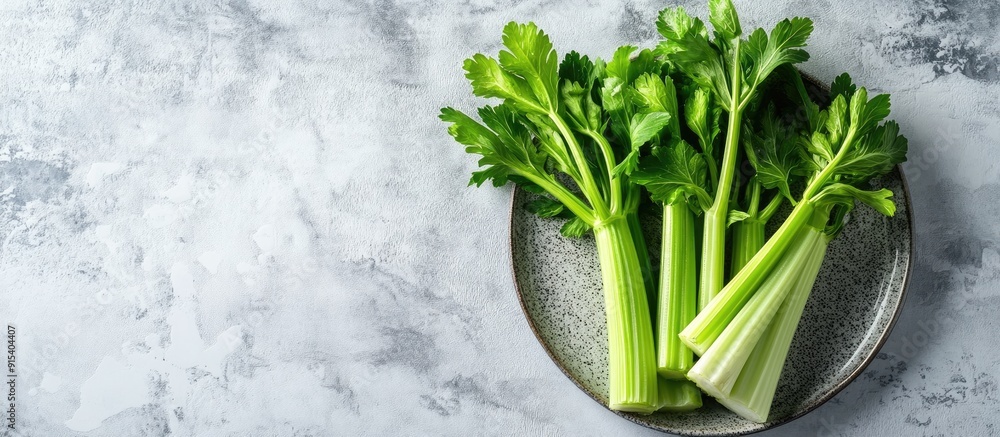 Fototapete Braised celery on a plate against a light stone background with ample free text space Top view flat lay