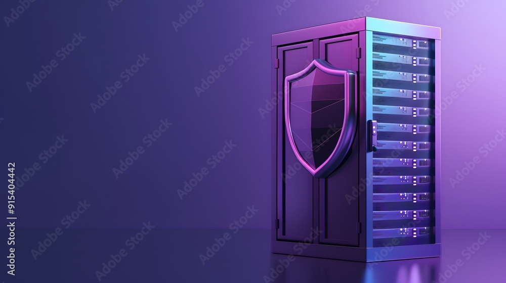 Poster modern server rack with a shield symbol on a purple-lit background representing cybersecurity and da