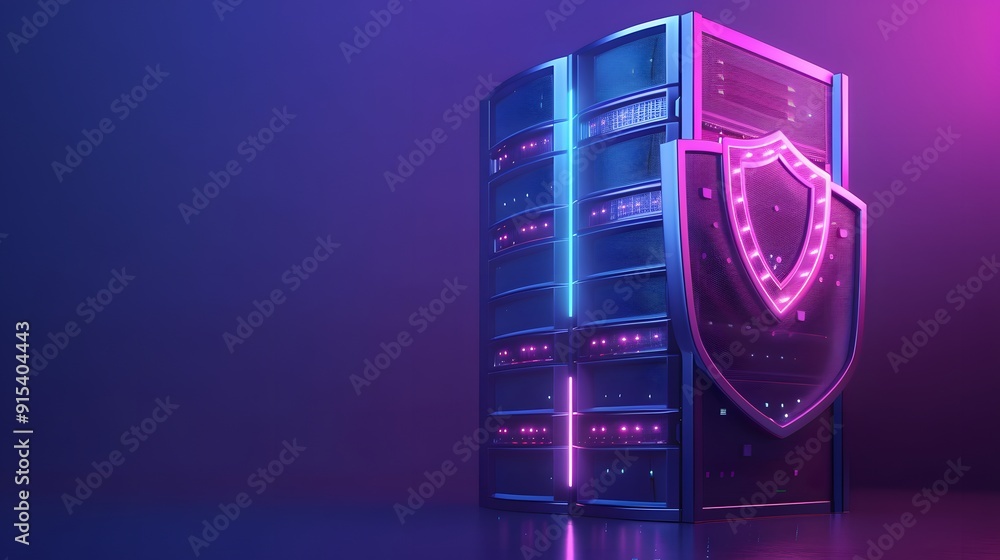 Poster modern server rack with cybersecurity shield in neon light. concept of data protection and secure se