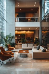 Fototapeta premium Modern office interior design featuring high ceilings and natural light