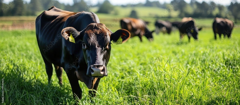 Poster Brown and black cows graze on grass in a green field at a dairy farm. with copy space image. Place for adding text or design