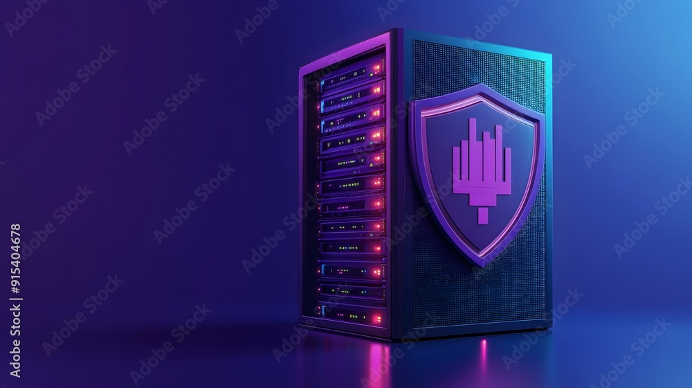 Poster modern server with neon lights and a security shield icon representing data protection and cybersecu