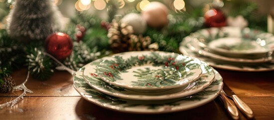 Christmas tree idea spruce needles on a porcelain plate isola. with copy space image. Place for adding text or design