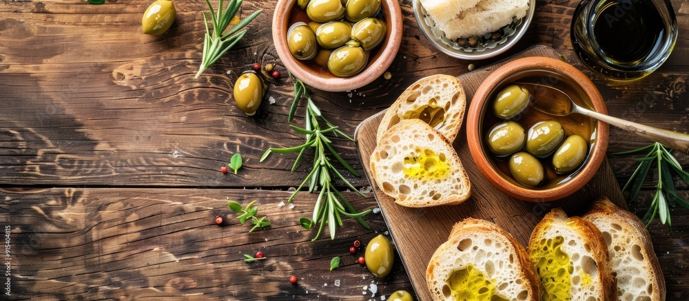 Poster freshly sliced bread served with olives and olive oil accompanied by balsamic vinegar in a bowl on a