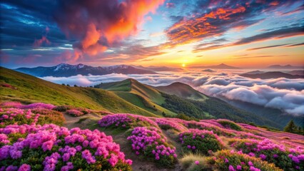 Flowering Carpathian rhododendron on Ukrainian mountain slopes with colorful clouds in morning and evening sky